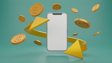 Smartphone with blank display, digital wallet. Shopping mobile app, gold arrows and coins.Cashback and banking,money-saving. Mock up empty screen copy space,Isolate background. 3D rendering