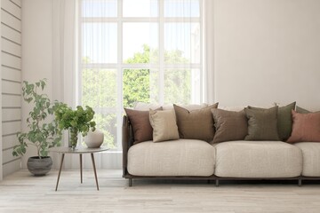 Minimalist living room in white color with sofa and summer landscape in window. Scandinavian interior design. 3D illustration