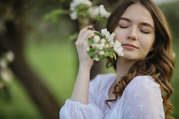 flowers garden girl trees mood happiness, asia tourism, bloom traditional seasonal background april