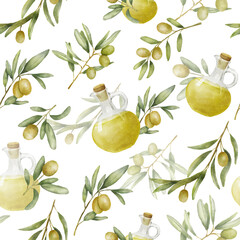 Seamless pattern with green olive branches watercolor drawing. Hand drawn illustration with olive oil bottle. Food of mediterranean cuisine