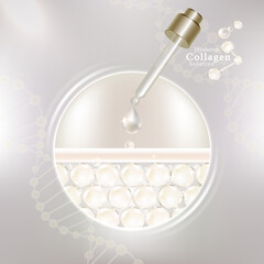 Hyaluronic acid hair and skin solutions ad, white collagen serum drop over skin cells with cosmetic advertising background ready to use, illustration vector.