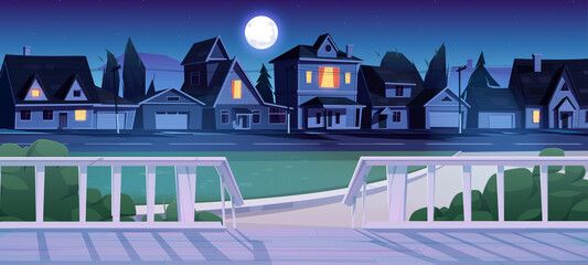 White wooden porch of house in suburb district at night. Vector cartoon illustration of village or suburban city street with cottages, garages, green lawn, bushes and terrace with stairs and fence - obrazy, fototapety, plakaty