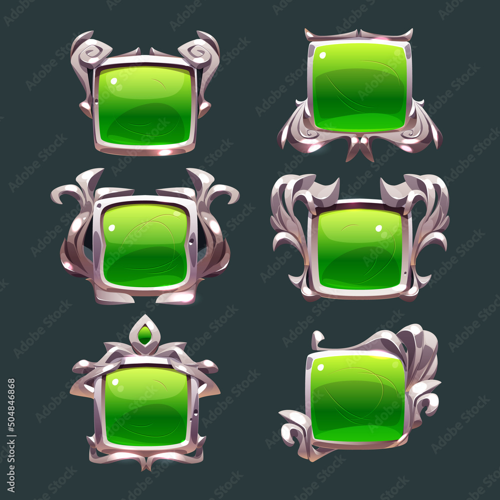 Poster game ui frames, green medieval borders with metal silver vignette. interface menu square buttons, em