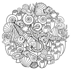 Vector coloring book for adults. Page for meditation and relax. Tropical fish, nemo fish, jellyfish, corals and seashells and anchor - obrazy, fototapety, plakaty