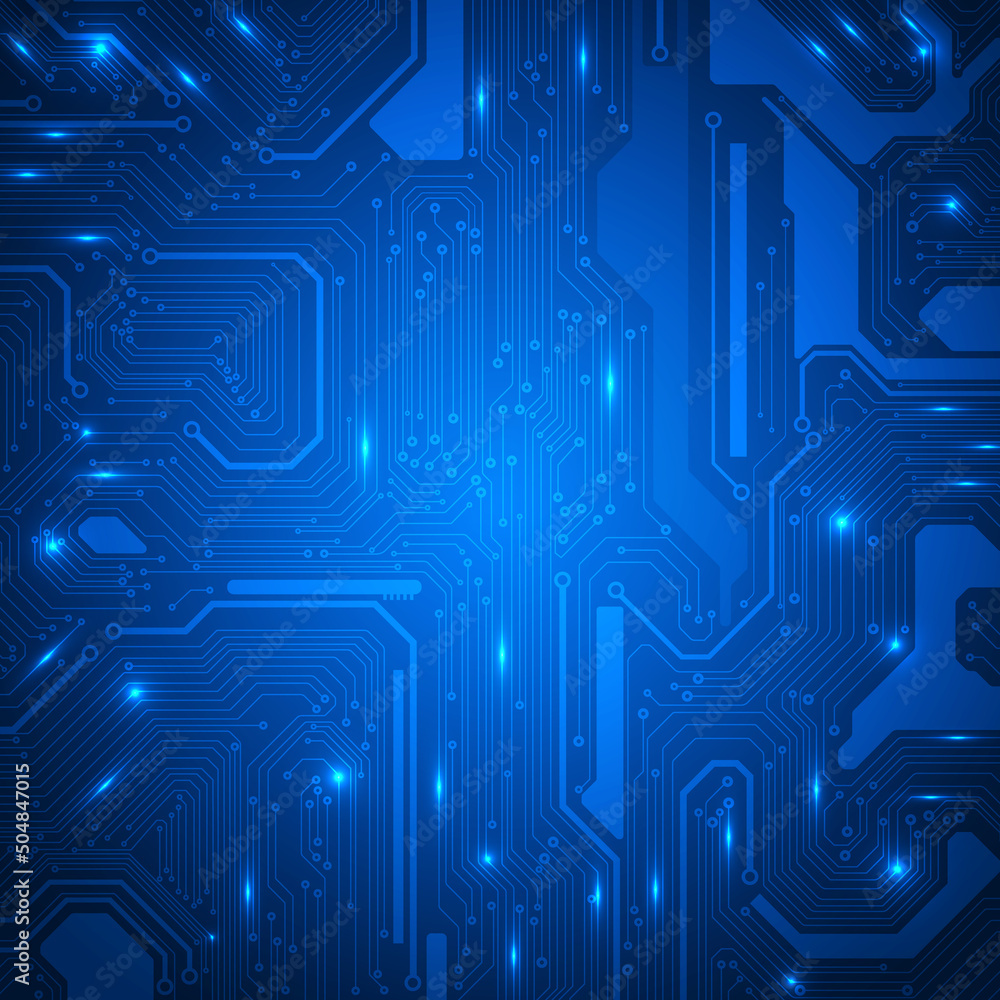 Aufkleber Circuit board modern blue scifi futuristic texture background vector. Technological PCB lines processing concept illustration.