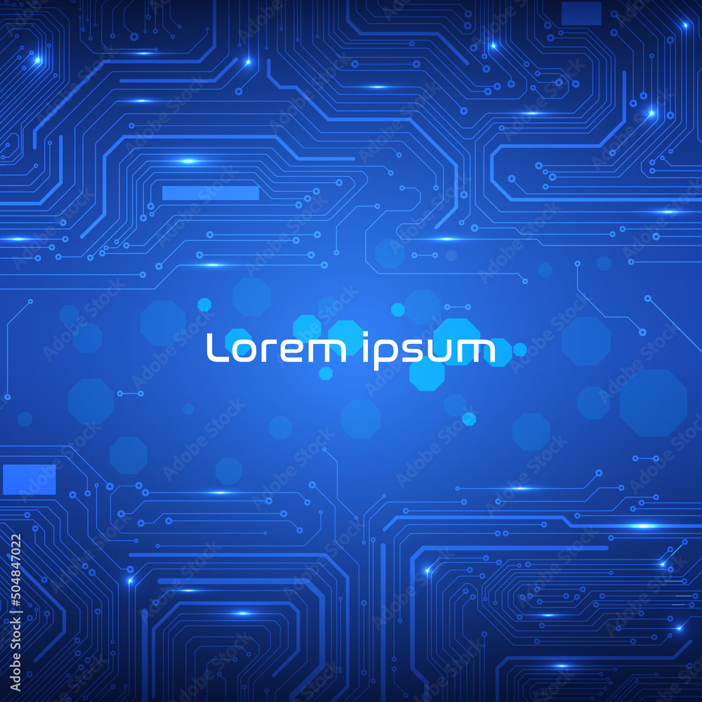 Poster Circuit Board Technology Modern Copy Space for Infographic Text  Vector Background. Blue Abstract Scifi PCB Trace Data Transfer Design Illustration.	