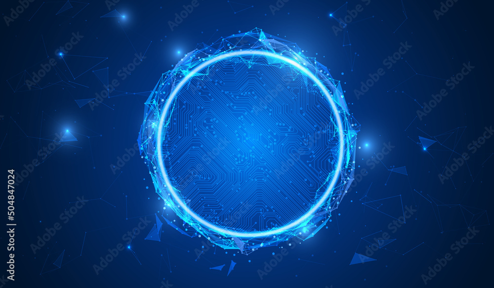 Poster Abstract blue cyber space circuit board in circle swirl cloud data storage pattern concept.