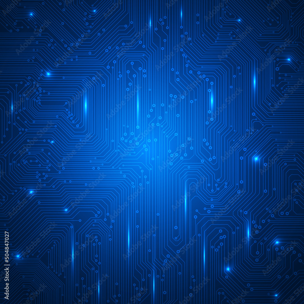 Poster Flat blue circuit board line electronic pattern modern design vector background.