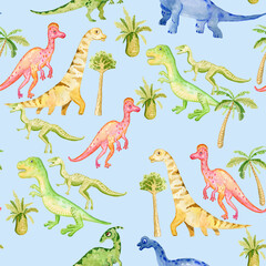 Cute dinosaurs in the tropical leaves of monstera and palm trees. Seamless watercolor pattern on a white background for print, textile, fabric