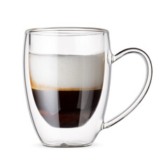 Glass cup of espresso macchiato coffee isolated on white. - obrazy, fototapety, plakaty
