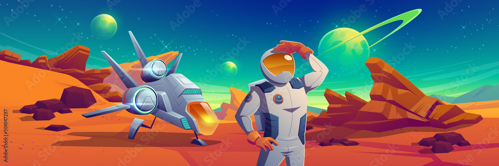 Canvas Prints astronaut and spaceship on mars surface. vector cartoon illustration of cosmonaut in helmet and suit