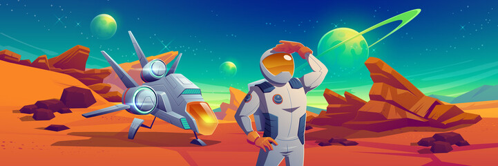 Astronaut and spaceship on Mars surface. Vector cartoon illustration of cosmonaut in helmet and suit explore outer space, standing on alien planet landscape with mountains and shuttle © klyaksun