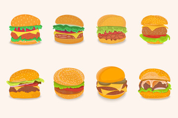 illustration of burger stuffed with vegetables and cheese. Set of burger illustration icons.
