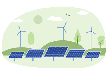 Alternative energy Solar panels with wind turbines in flat design.