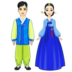Animation portrait of young beautiful Korean family in ancient traditional clothes. Full growth. Vector illustration isolated on a white background.