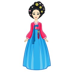 Asian beauty. Animation portrait of the young Korean girl in ancient bright clothes. Historical hairstyle. Full growth. Vector illustration isolated on a white background.