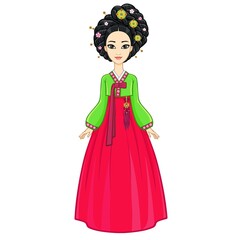 Asian beauty. Animation portrait of the young Korean girl in ancient bright clothes. Historical hairstyle. Full growth. Vector illustration isolated on a white background.