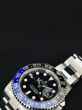 Bangkok Thailand- Feb 20,2022 : Rolex GMT-Master II "Batman"40mm with blue-black bezel Steel Ceramic Men's Wrist watch on black background
