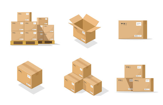Parcel boxes pack set vector isometric and cardboard postal packages pile open and closed flat and 3d cartoon illustration isolated on white, single paper product delivery storage on pallet set image