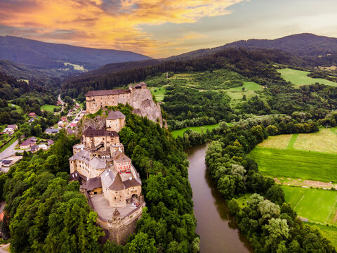Aerial view of orava castle. in Oravsky Podzamok in Slovakia. Orava region. Slovakia landscape. Travel. concept.
