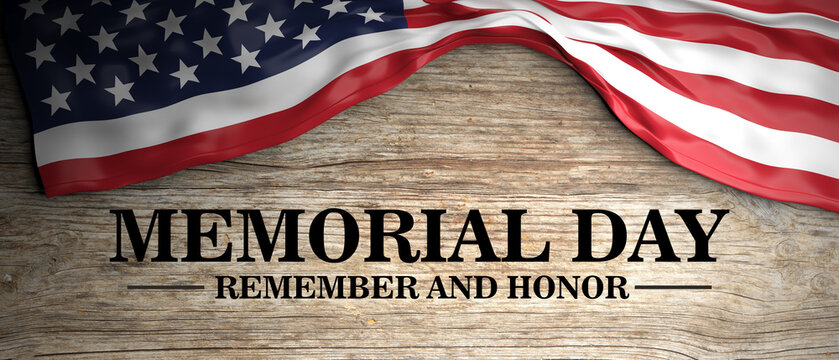 Memorial Day Remember and Honor, America flag on wood background. National USA holiday, 3d render