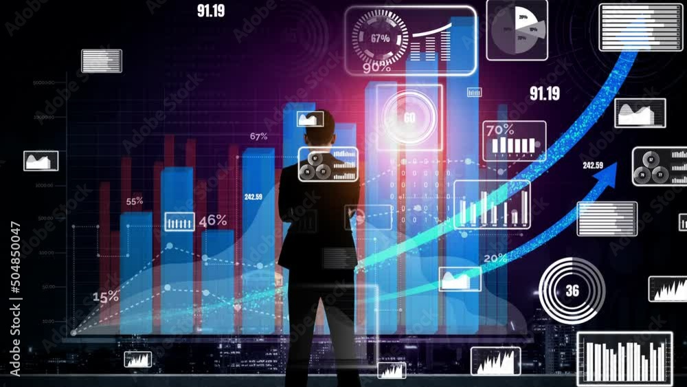 Poster double exposure image of business and finance conceptual - businessman with report chart up forward 