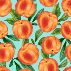Juicy peaches seamless pattern. Bright summer design in a watercolor style.