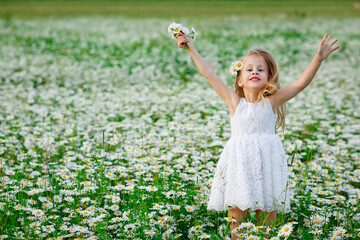 A little happy girl jumps with her arms outstretched in a white dress with a bouquet of daisies in a meadow. Summer mood in nature.