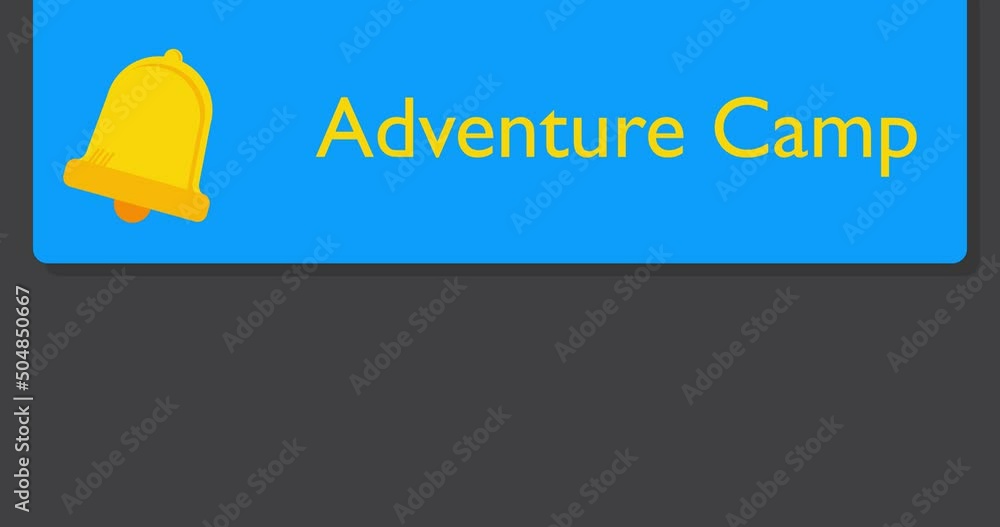 Poster adventure camp text on notification bubble from portable information device screen. mobile app messa