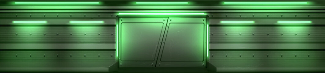 Futuristic interior with metal doors in spaceship, secret laboratory or bunker. Vector realistic background of lab or shuttle hall with closed steel sliding gates and green lamps - obrazy, fototapety, plakaty