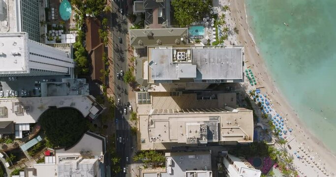 Aerial Overhead View Of City Street  By The Waikiki Beach In Honolulu, Hawaii