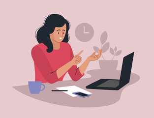 Online work. A woman is working on a laptop. People and business. The working process. The girl communicates via video link. Infographics, presentation. Freelancer, work from home. Vector image.