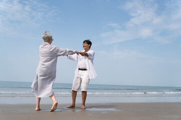 Happy dancing senior couple on the beach  