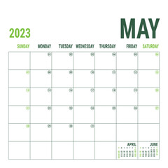 May. Planner 2023 year. English vector square calendar template. Minimalistic design. Week starts on Sunday