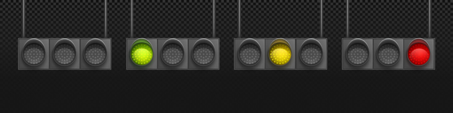 Horizontal traffic lights mockup. Street signal driving control system. Vector realistic template of 3d road semaphore with red, yellow and green led lamps isolated on transparent background