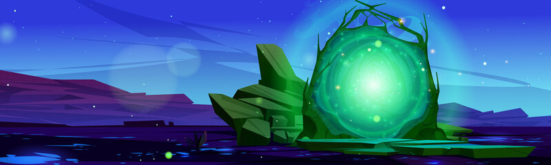 Magic portal, teleport to alien world. Vector game background with cartoon illustration of winter landscape with fantastic energy door in wooden frame with mystic green glowing © klyaksun