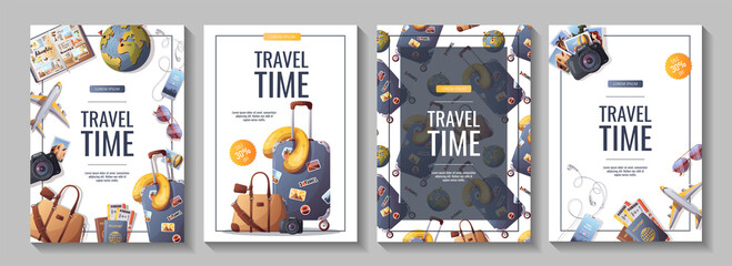 Set of flyers for travel, tourism, adventure, journey. Suitcase, airplane and globe, camera, travel bag, travel journal, passport and tickets. A4 vector illustration, flyer, cover, banner template. - obrazy, fototapety, plakaty