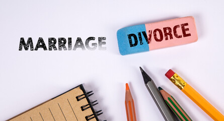 Marriage and Divorce concept. Eraser and pencils on a white background
