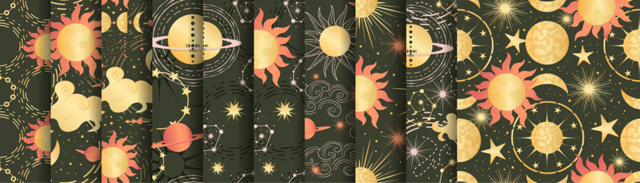 Celestial Seamless Pattern Set With Sun, Moon And Stars. Magic Astrology In Boho Vintage Style. Mystical Pagan Golden Sun With Planets And Moon Phases. Vector Illustration