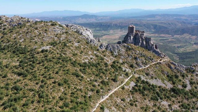 View of medieval Chateau de Queribus castle. Aude department. Languedoc-Roussillon region. France