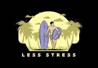 The shirtless man holding surfboard illustration