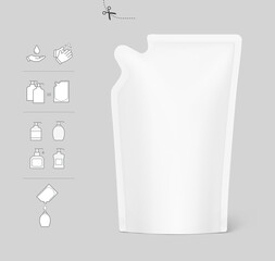 Pouch bag with curve corner. Vector illustration. Perfect for final pack shot. Can be use for refilling soap, liquids and other. EPS10.	