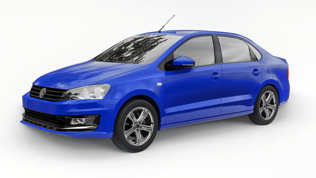 Paris, France.. July 7, 2021: Volkswagen Polo sedan blue compact city car isolated on white background. 3d rendering.