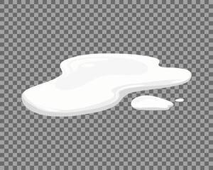 Milk spill on a transparent background. Puddle of white liquid, yogurt, mousse, ice cream or mayonnaise. Vector cartoon illustration. 