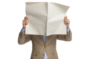 businessman in beige suit covering face with newspaper