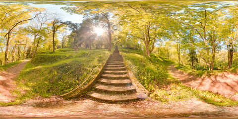 stairs in Botanical garden Georgia Batumi blue sky trees spring with 3D spherical panorama with 360 degree viewing angle Ready for virtual reality in vr Full equirectangular projection background