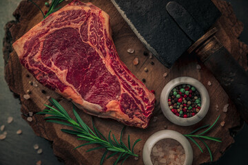 close up of uncooked red steak with rosemary and ingredients