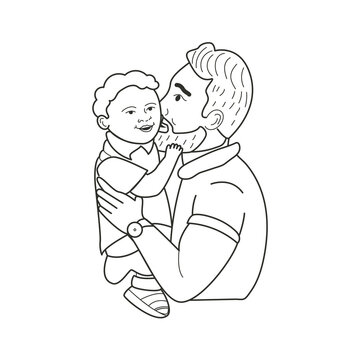 Father and his child. Dad holds the baby in his arms and kisses him. Fatherhood in linear sketch style. Happy family. Monochrome vector illustration isolated on white background