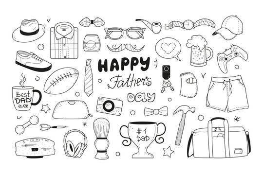 Happy Father's Day doodle icons set in sketch style. Hand drawn male items vector illustration isolated on white background