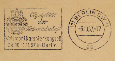 post letter mail brief vintage retro alt old berlin slogan werbung 1957 olympiade der kameradschaft weltfrontkämpferkongress papier paper